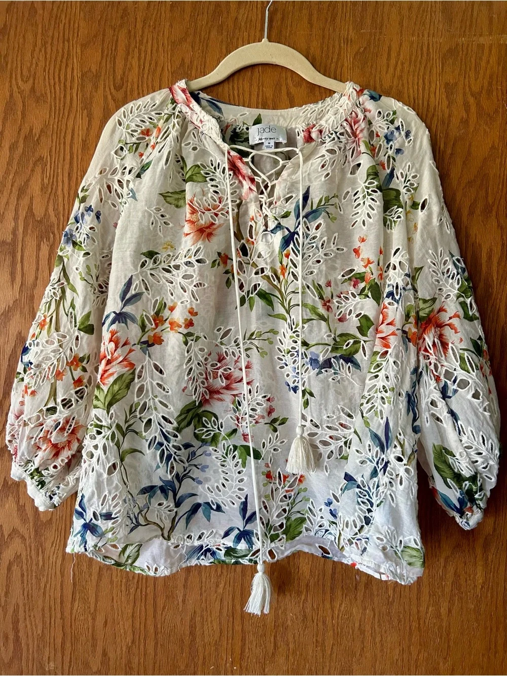 Johnny Was White Eyelet Floral Peasant Blouse with Blue Green Coral Accents